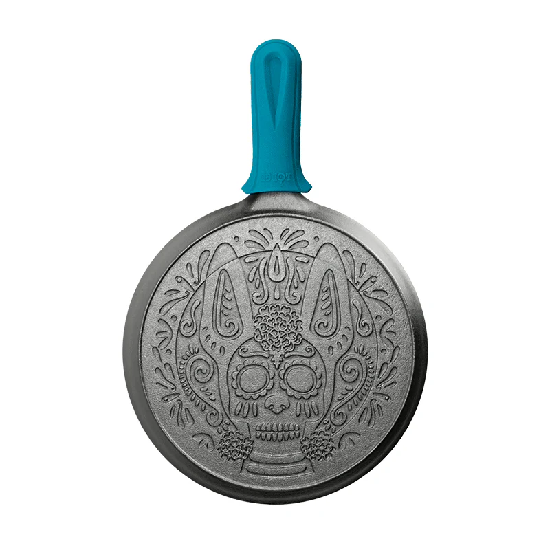 10.5 Inch Seasoned Cast Iron Xolo Sugar Skull Griddle with Deluxe Handle Holder - Image 2
